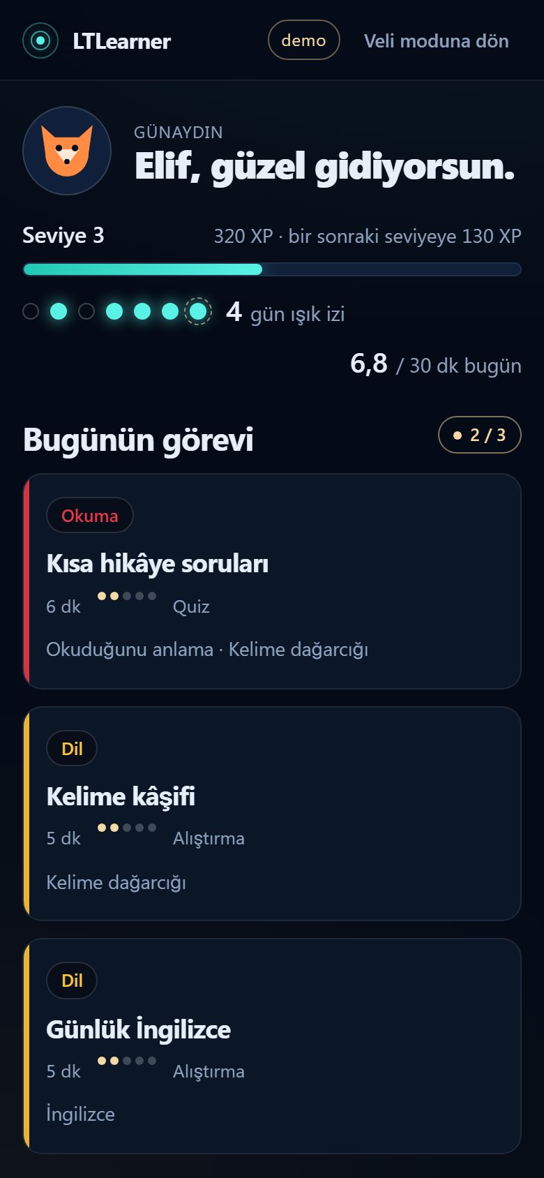 Öğrenci ana ekranı: seviye, seri ve bugünün görevi
